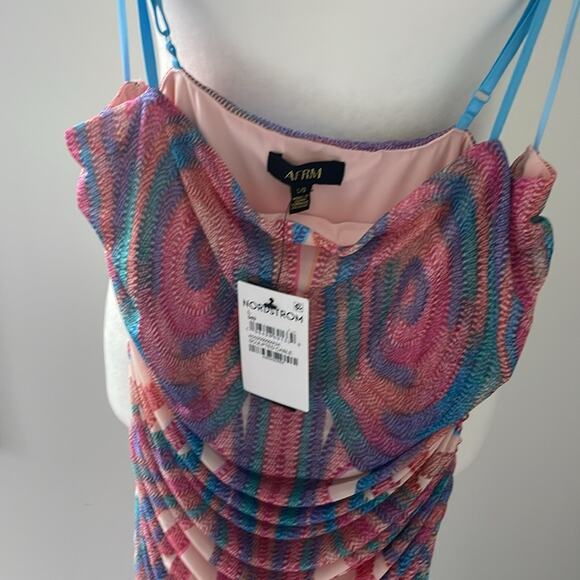 AFRM Hazel Printed Ruched Mesh Midi Dress Size Large NWT - Picture 5 of 7